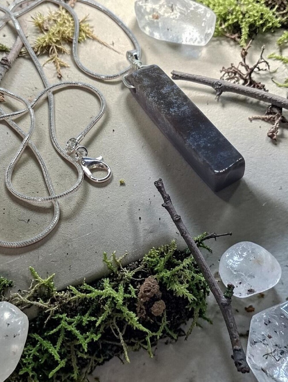 Blue/gray Indian Agate Pendant Necklace with Silver Chain